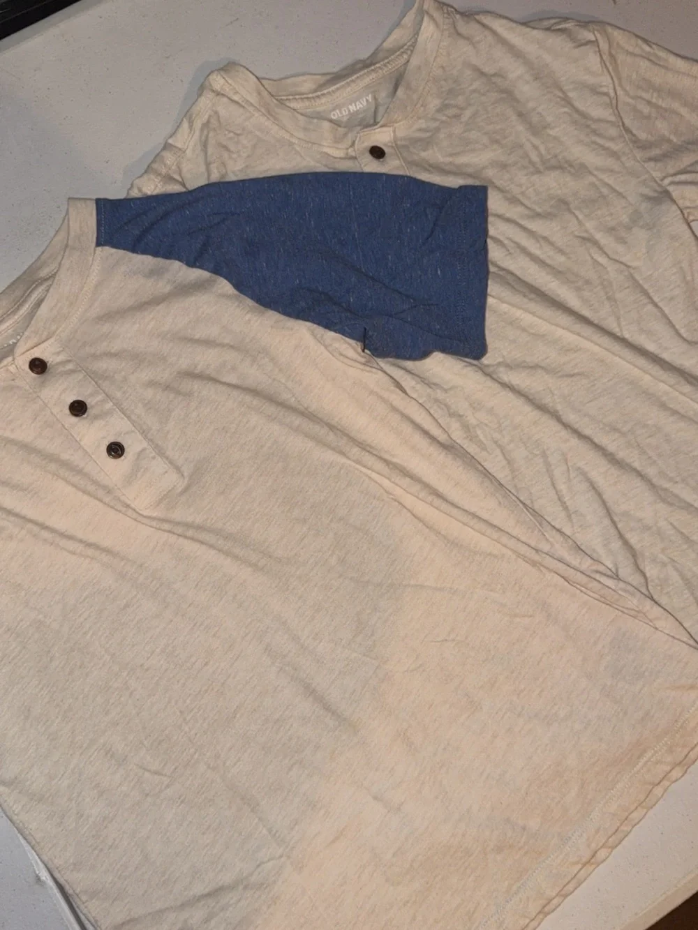 Old Navy Cream Tee with Blue Sleeve Accent